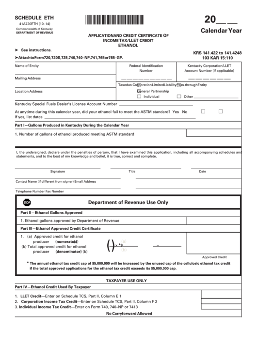 Schedule Eth (Form 41a720eth) - Application And Credit Certificate Of Income Tax/llet Credit Ethanol Printable pdf