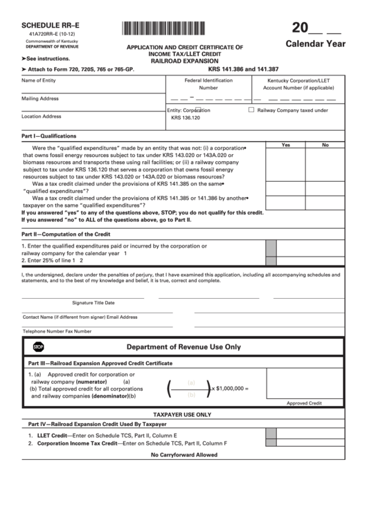 Fillable Schedule Rr-E (Form 41a720rr-E) - Application And Credit Certificate Of Income Tax/llet Credit Railroad Expansion Printable pdf