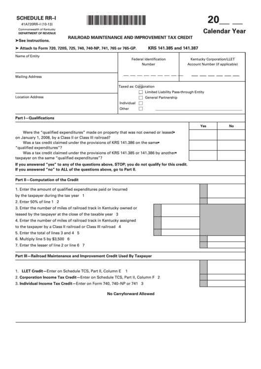 Schedule Rr-I (Form 41a720rr-I) - Railroad Maintenance And Improvement Tax Credit Printable pdf