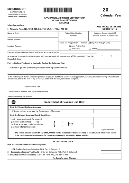 Schedule Eth (form 41a720eth) - Application And Credit Certificate Of Income Tax/llet Credit Ethanol