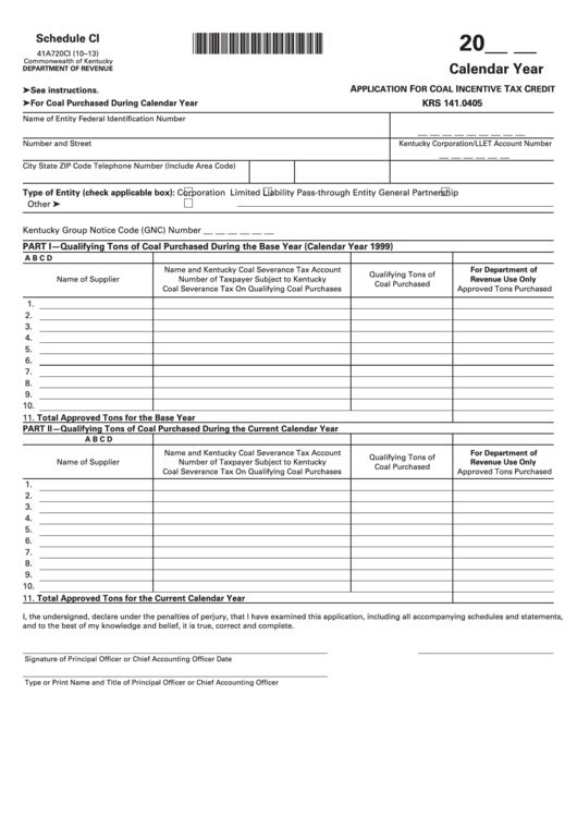 Schedule Ci (Form 41a720ci) - Application For Coal Incentive Tax Credit Printable pdf