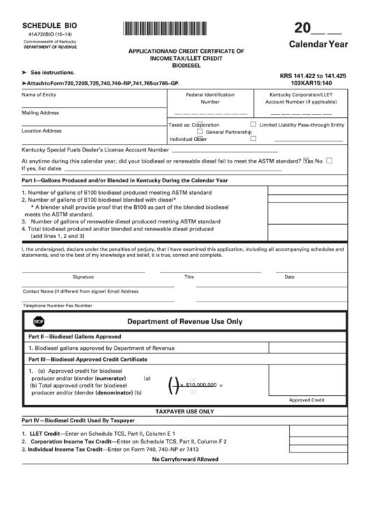 Schedule Bio (Form 41a720bio) - Application And Credit Certificate Of Income Tax/llet Credit Biodiesel Printable pdf