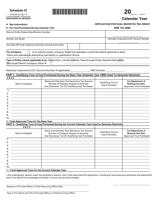 Schedule Ci (Form 41a720-Ci) - Application For Coal Incentive Tax Credit Printable pdf