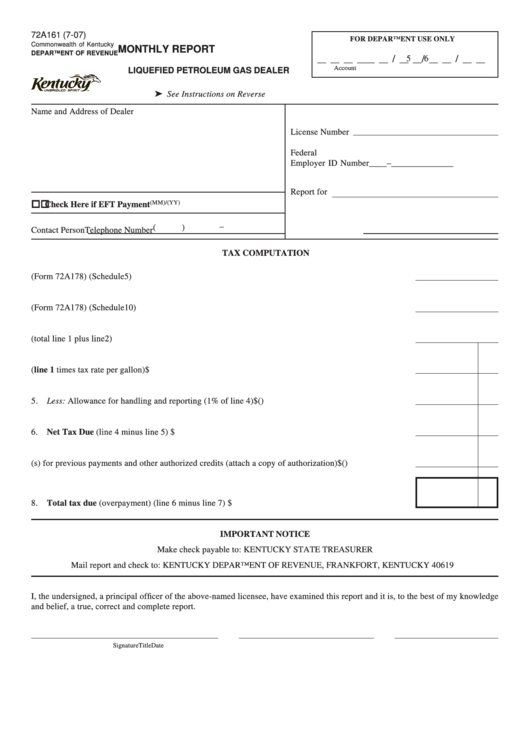 Fillable Form 72a161 - Monthly Report For A Liquefied Petroleum Gas Dealer Printable pdf