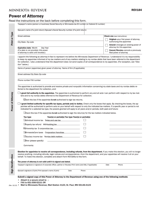 Fillable Form Rev184 - Power Of Attorney Printable pdf