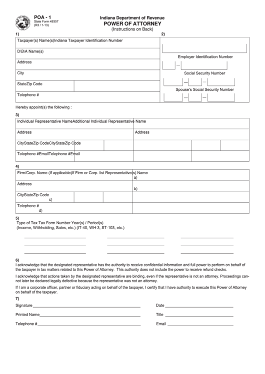 Fillable Form Poa-1 - Power Of Attorney - Indiana Department Of Revenue Printable pdf