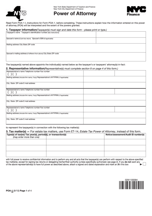 Fillable Form Poa-1 - Power Of Attorney - New York City Department Of Finance Printable pdf
