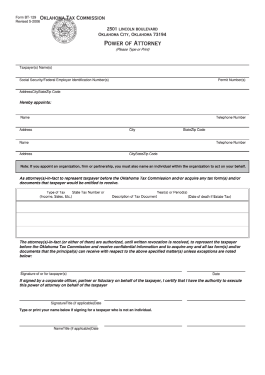 Fillable Form Bt-129 - Power Of Attorney - Oklahoma Tax Commission Printable pdf