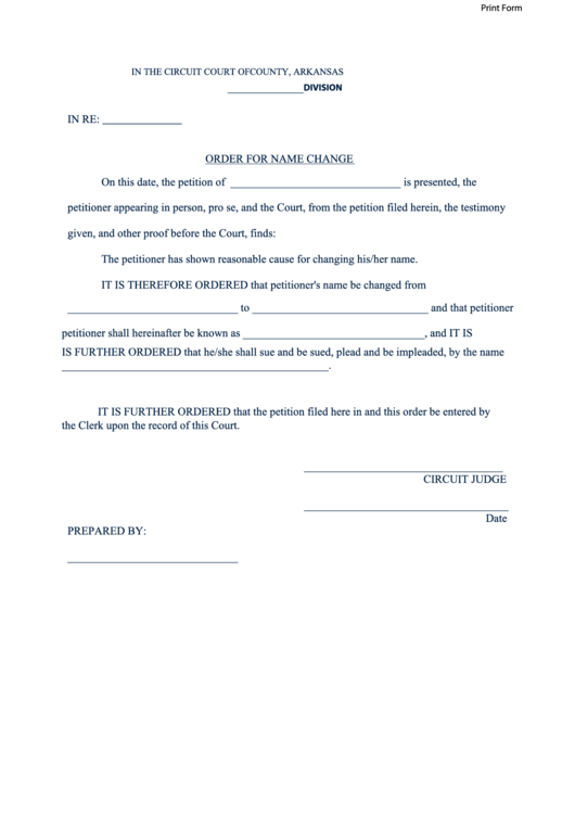 Fillable Order For Name Change - Arkansas Circuit Court Printable pdf