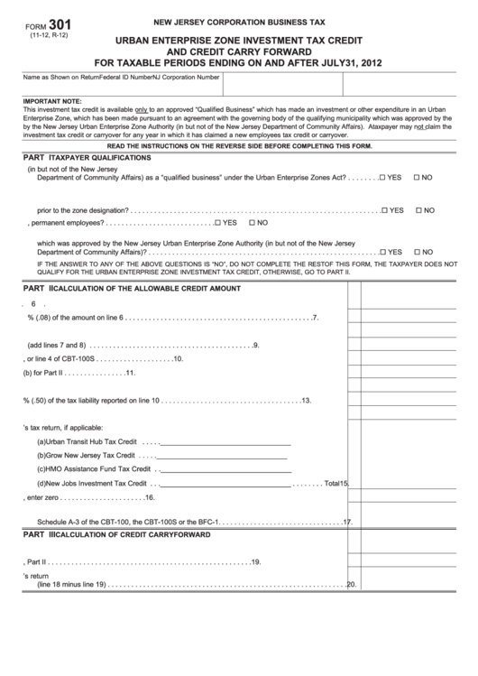 Form 301 - Urban Enterprise Zone Investment Tax Credit And Credit Carry Forward - 2012 Printable pdf