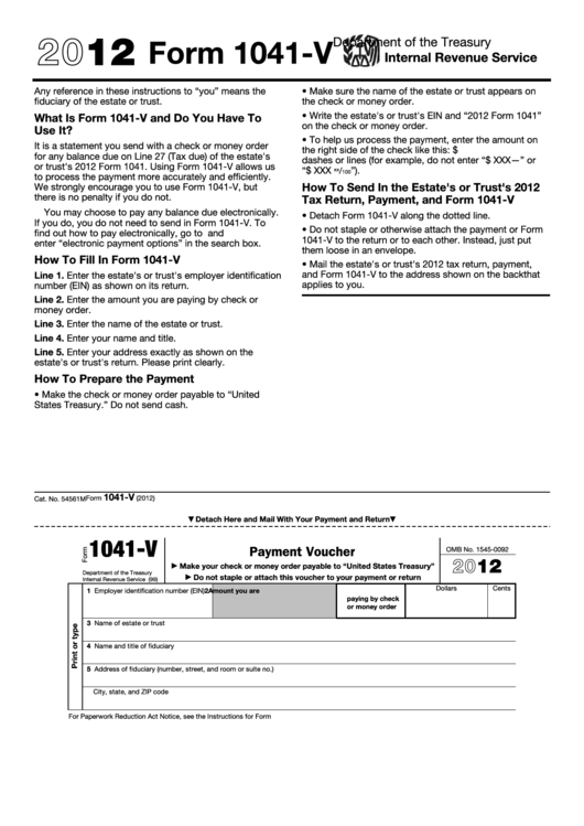 Fillable Form 1041-V - Payment Voucher - 2012 Printable pdf