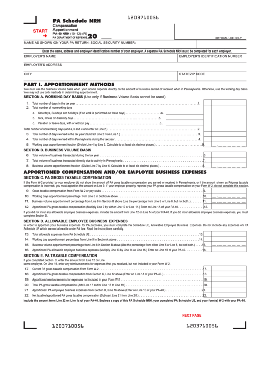 Fillable Pa Schedule Nrh - Compensation Apportionment Printable pdf