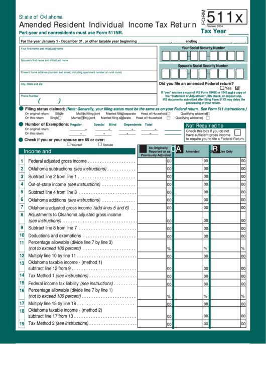 Form 511x - Amended Resident Individual Income Tax Return - 2004 Printable pdf