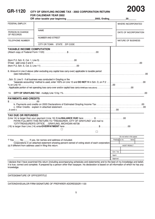 Form Gr-1120 - Corporation Return - City Of Grayling Income Tax - 2003 Printable pdf