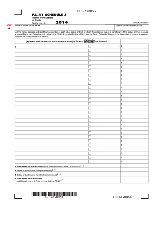 Fillable Form Pa-41 Schedule J - Income From Estates Or Trusts - 2014 Printable pdf