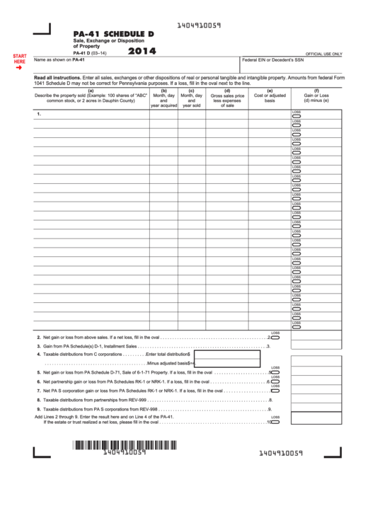 Fillable Form Pa-41 Schedule D - Sale, Exchange Or Disposition Of Property - 2014 Printable pdf