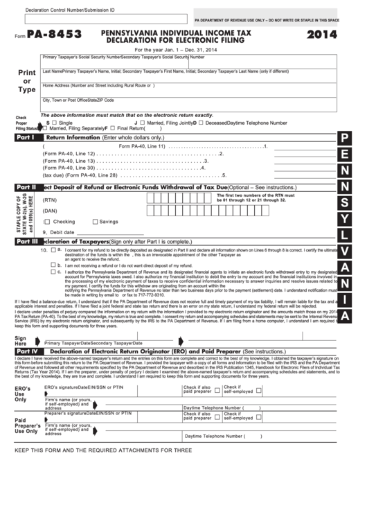 Form Pa-8453 - Pennsylvania Individual Income Tax Declaration For Electronic Filing - 2014 Printable pdf