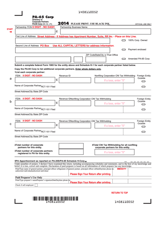 Fillable Form Pa-65 Corp - Directory Of Corporate Partners - 2014 Printable pdf