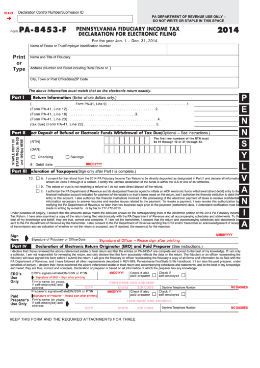 Fillable Form Pa-8453-F - Pennsylvania Fiduciary Income Tax Declaration For Electronic Filing - 2014 Printable pdf