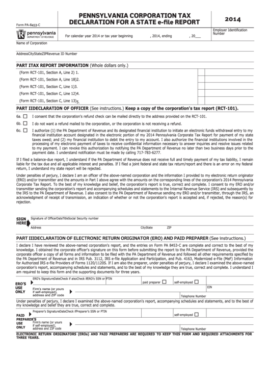 Form Pa-8453-C - Pennsylvania Corporation Tax Declaration For A State E-File Report - 2014 Printable pdf