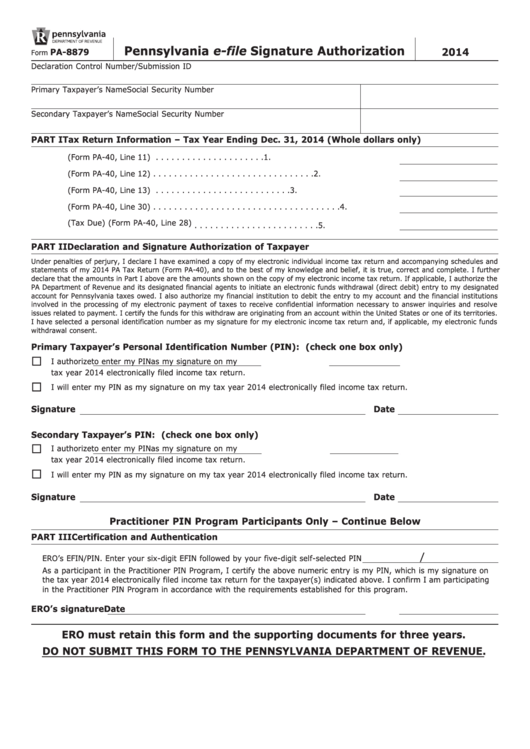 Form Pa-8879 - Pennsylvania E-File Signature Authorization - 2014 Printable pdf