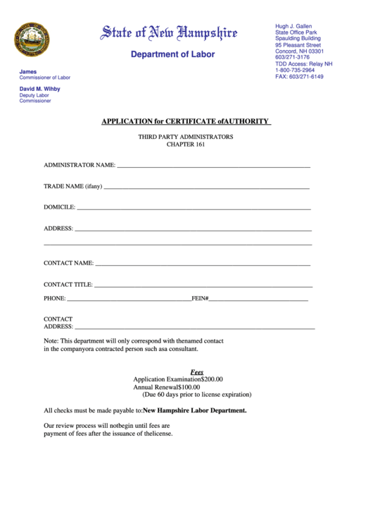 Application For Certificate Of Authority - New Hampshire Department Of Labor Printable pdf
