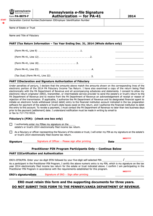 Fillable Form Pa-8879-F - Pennsylvania E-File Signature Authorization - For Pa-41 - 2014 Printable pdf