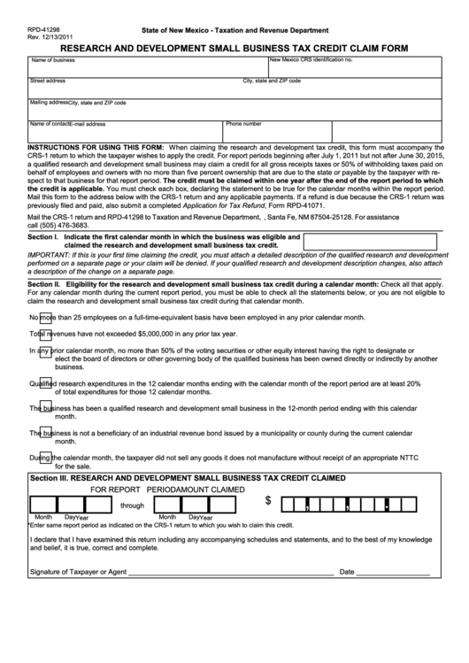 Form Rpd-41298 - Research And Development Small Business Tax Credit Claim Form - 2011 Printable pdf