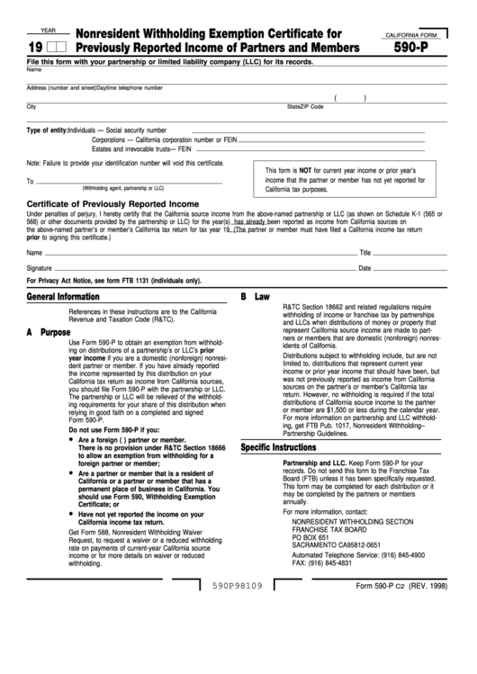 Fillable California Form 590-P - Nonresident Witholding Exemption Certificate For Previously Reported Income Of Partners And Members Printable pdf