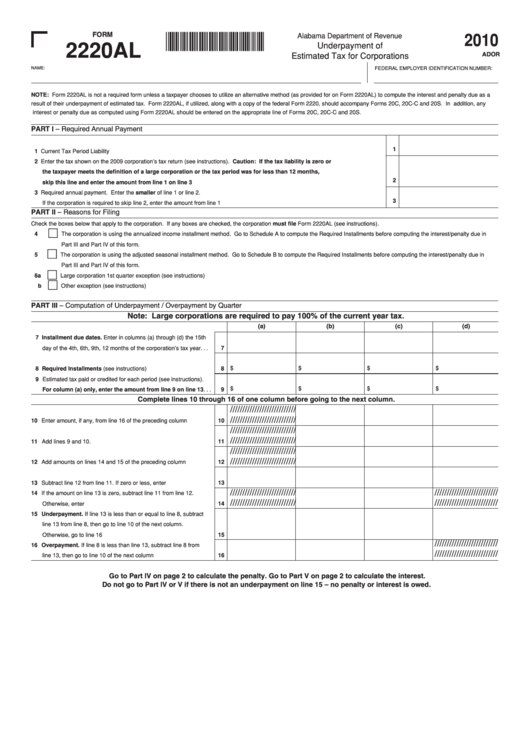 Form 2220al - Underpayment Of Estimated Tax For Corporations - 2010