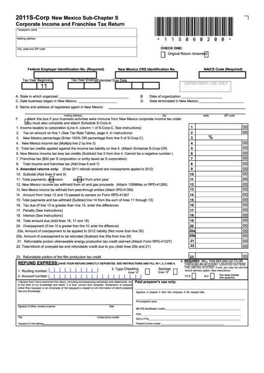 Form S-Corp - New Mexico Sub-Chapter S Corporate Income And Franchise Tax Return - 2011 Printable pdf