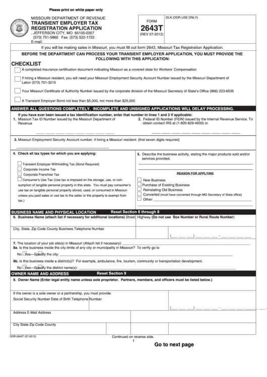 Fillable Form 2643t - Transient Employer Tax Registration Application - 2012 Printable pdf