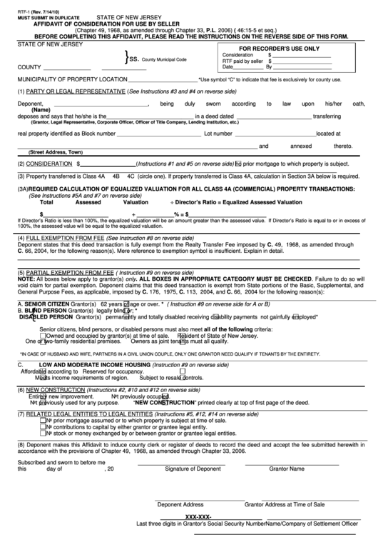 Form Rtf-1 - Affidavit Of Consideration For Use By Seller - 2010 Printable pdf