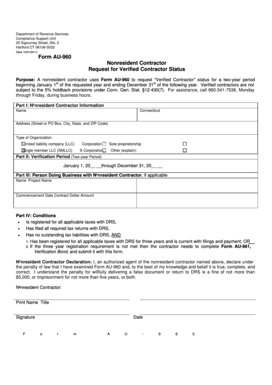 Form Au-960 - Nonresident Contractor Request For Verified Contractor Status Printable pdf
