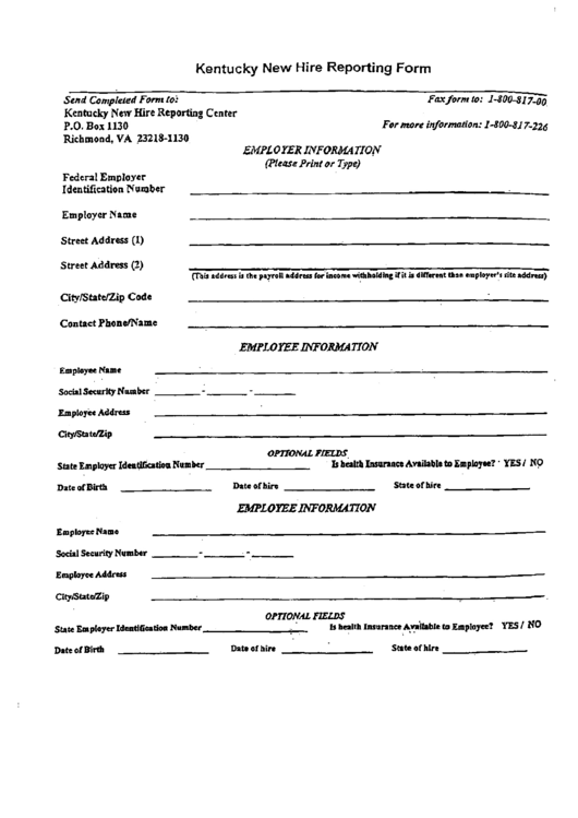 Kentucky New Hire Reporting Form Printable pdf