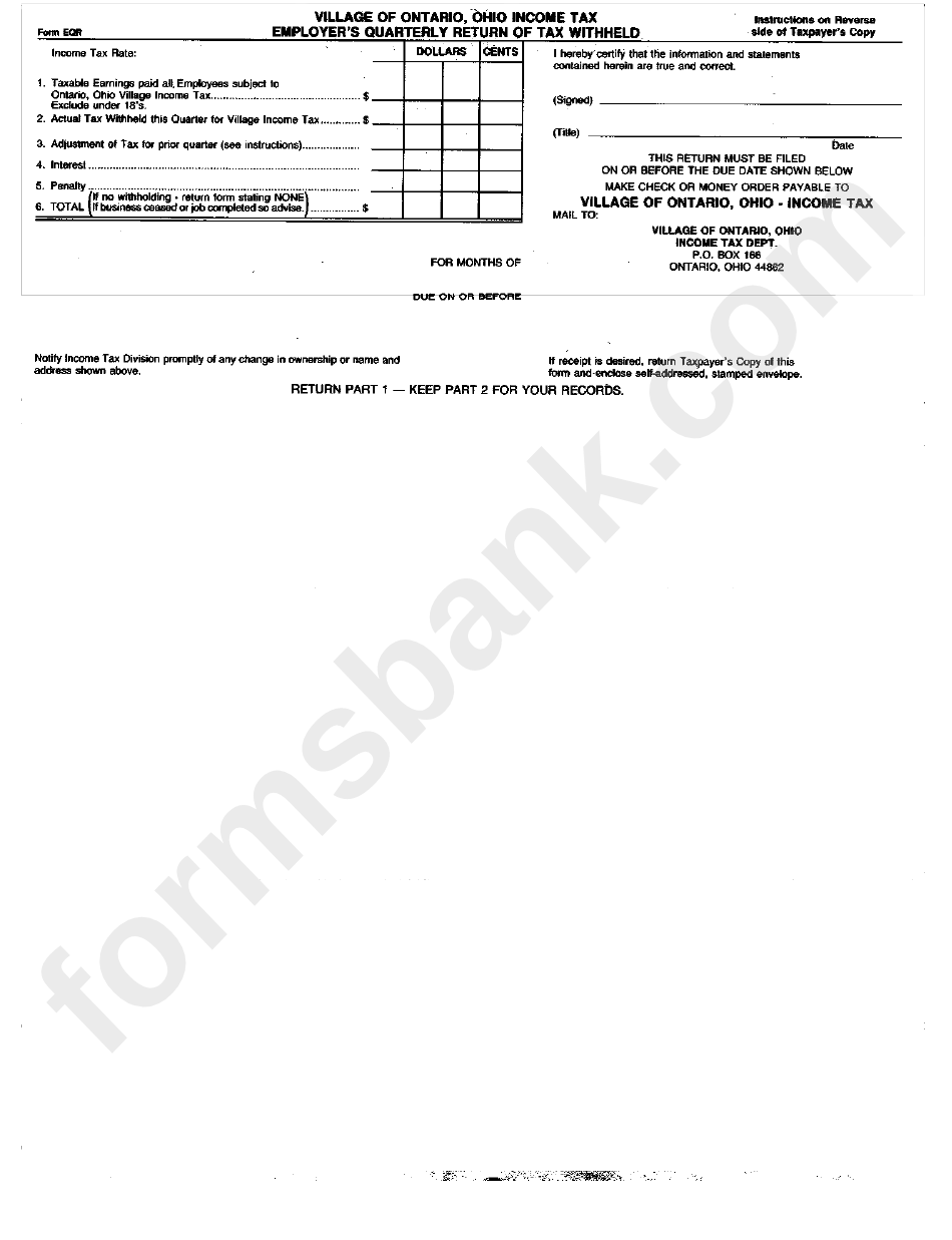 Form Eqr - Income Tax Employer