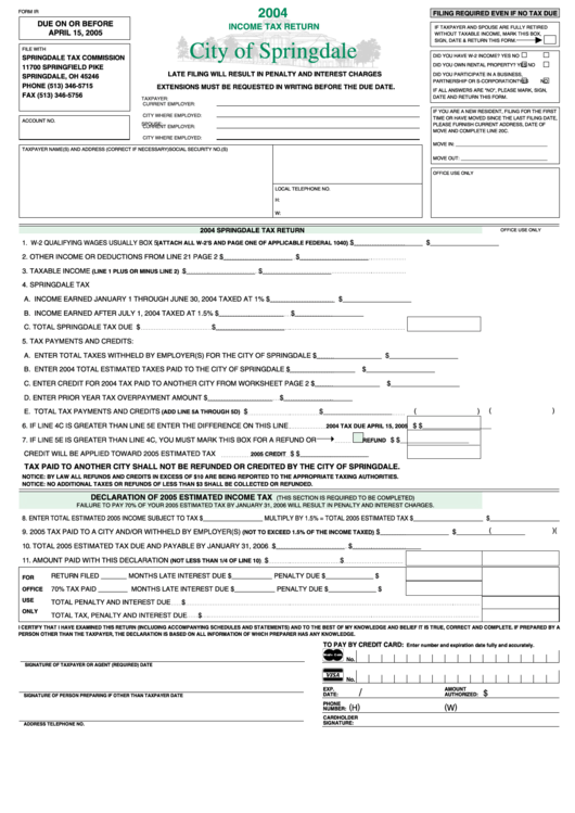 Form Ir - Income Tax Return - City Of Springdale - 2004 Printable pdf
