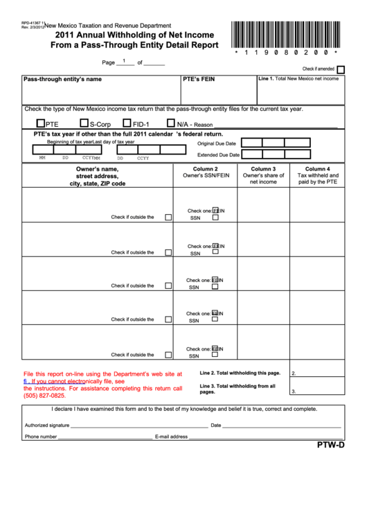 Form Rpd-41367 - Annual Withholding Of Net Income From A Pass-Through Entity Detail Report - 2011 Printable pdf