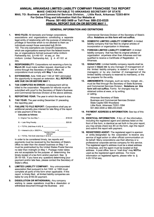 Annual Arkansas Limited Liability Company Franchise Tax Report - Arkansas Secretary Of State Printable pdf
