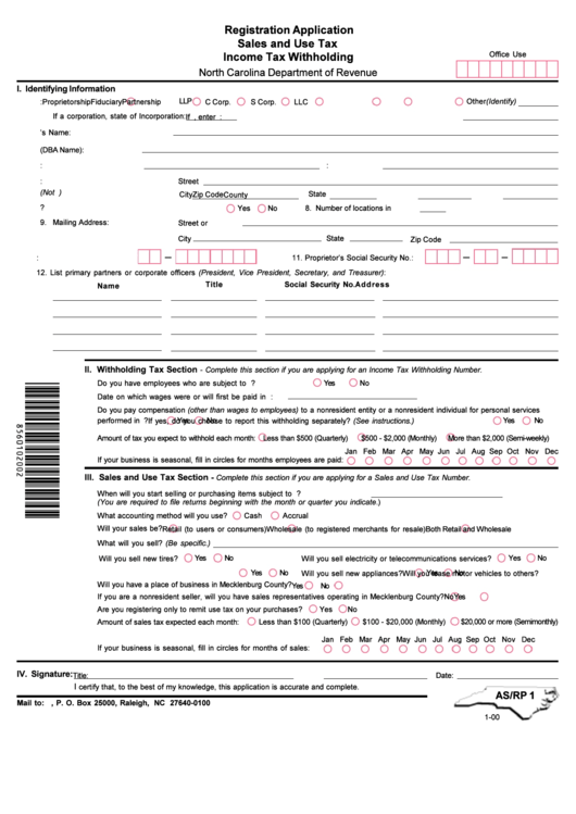 Form As/rp 1 - Registration Application Sales And Use Tax Income Tax Withholding - 2000 Printable pdf