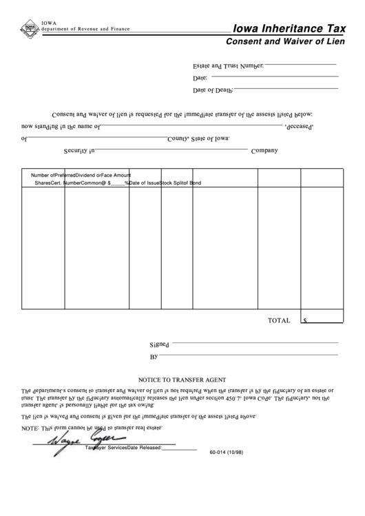 Fillable Form 60-014 - Iowa Inheritance Tax Consent And Waiver Of Lien - 1998 Printable pdf
