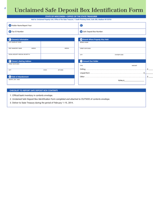 Unclaimed Safe Deposit Box Identification Form - Wisconsin State Treasurer - 2014 Printable pdf