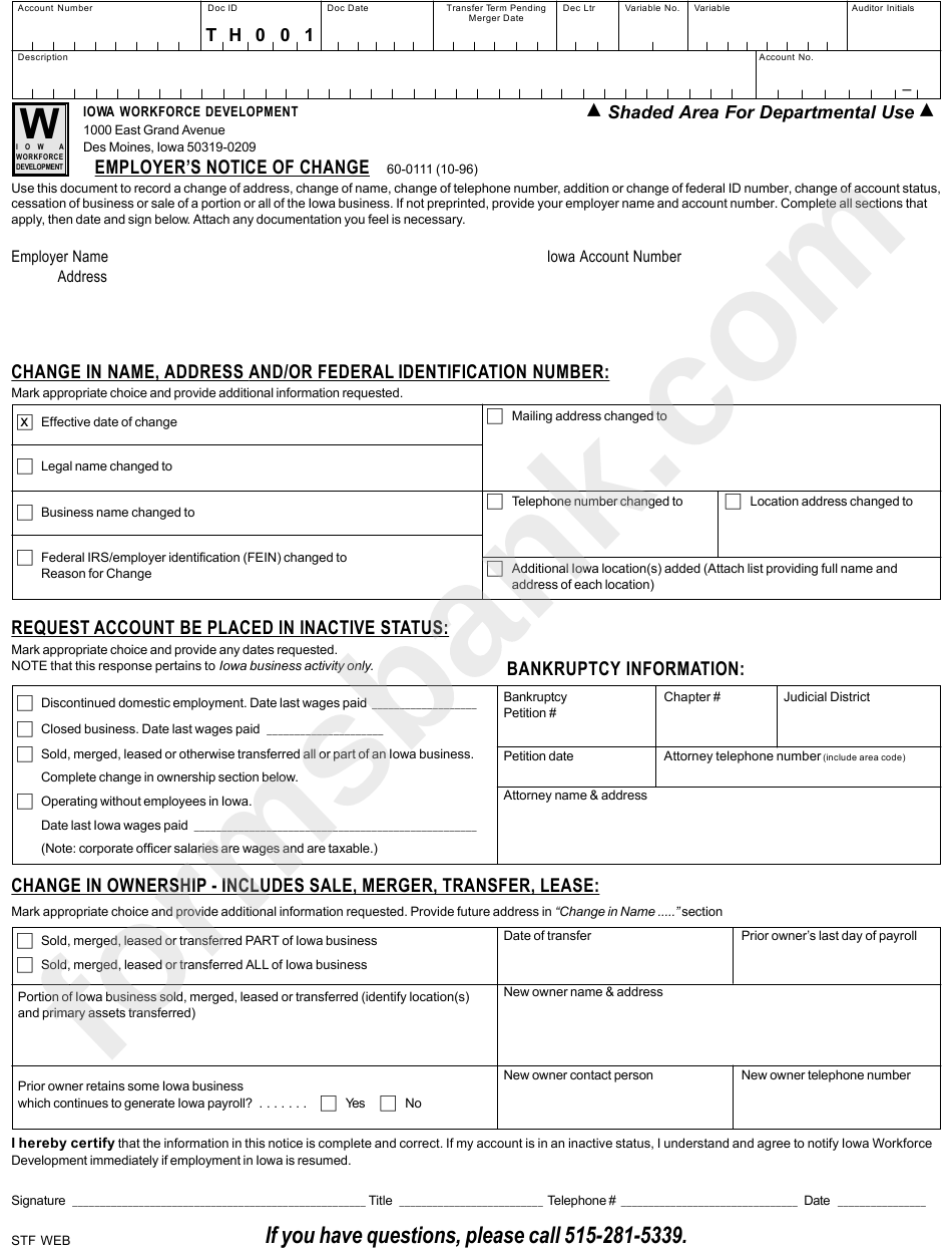 Form Th 001 - Employers Notice Of Change