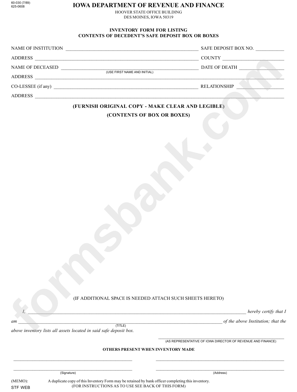 Form 60-030 - Inventory Form For Listing Contents Of Decedents Safe Deposit Box Or Boxes - 1989