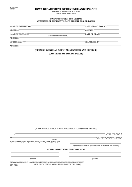 Fillable Form 60-030 - Inventory Form For Listing Contents Of Decedents Safe Deposit Box Or Boxes - 1989 Printable pdf