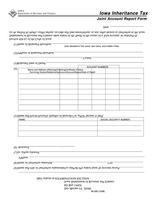 Fillable Form 60-028 - Iowa Inheritance Tax Joint Account Report Form - 1998 Printable pdf