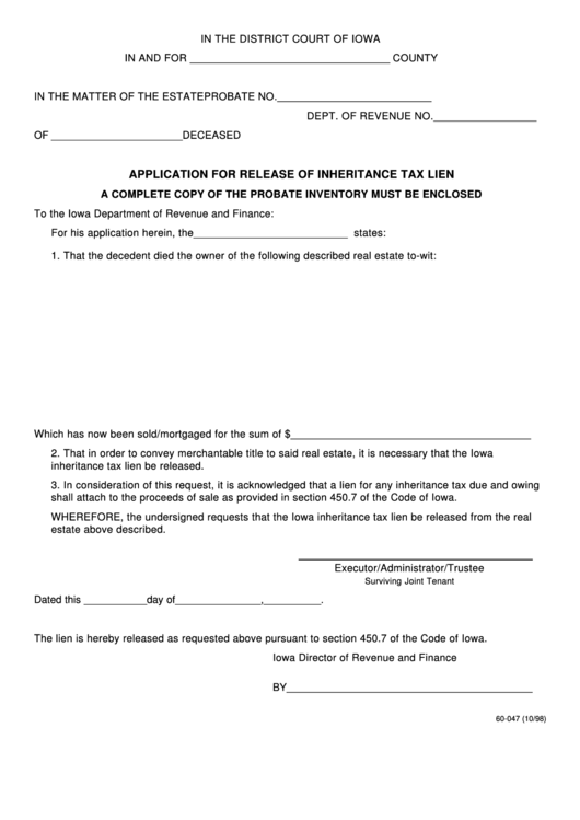 Fillable Form 60-047 - Application For Release Of Inheritance Tax Lien - 1998 Printable pdf