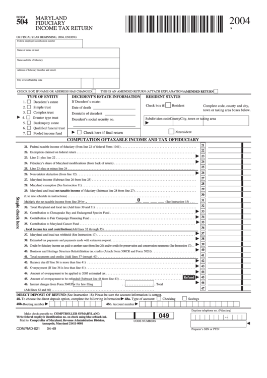 Fillable Form 504 - Maryland Fiduciary Income Tax Return - 2004 Printable pdf