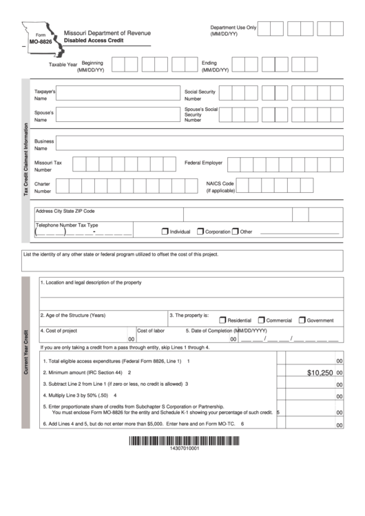 Fillable Form Mo-8826 - Disabled Access Credit - 2016 Printable pdf