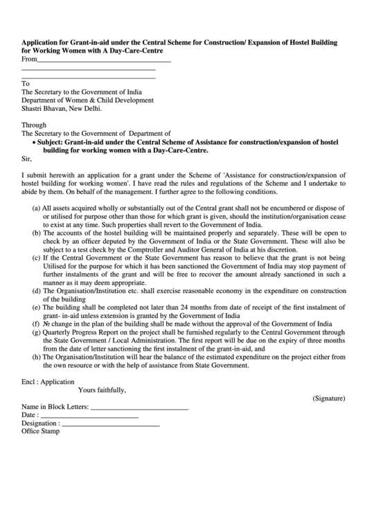 Application For Grant-In-Aid Under The Central Scheme For Construction/ Expansion Of Hostel Building For Working Women With A Day-Care-Centre Printable pdf